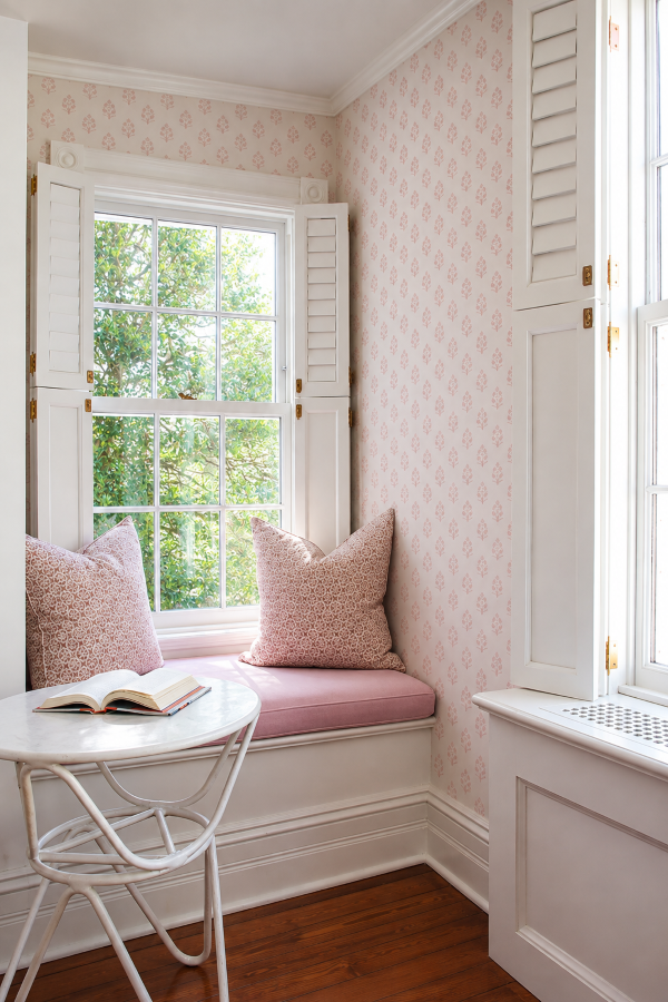 Blush pink designer fabric for elegant interior decorating