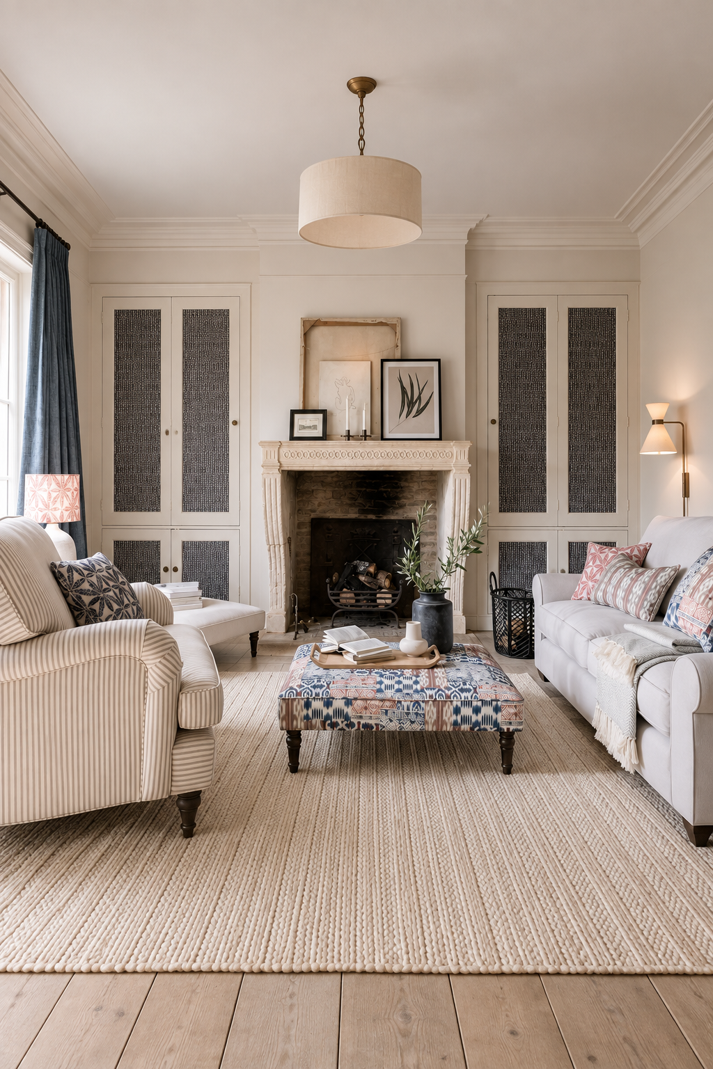 The Pure Edit fabrics by Lee Jofa in a relaxed living room with patterned upholstery, pillows and layered neutral textiles