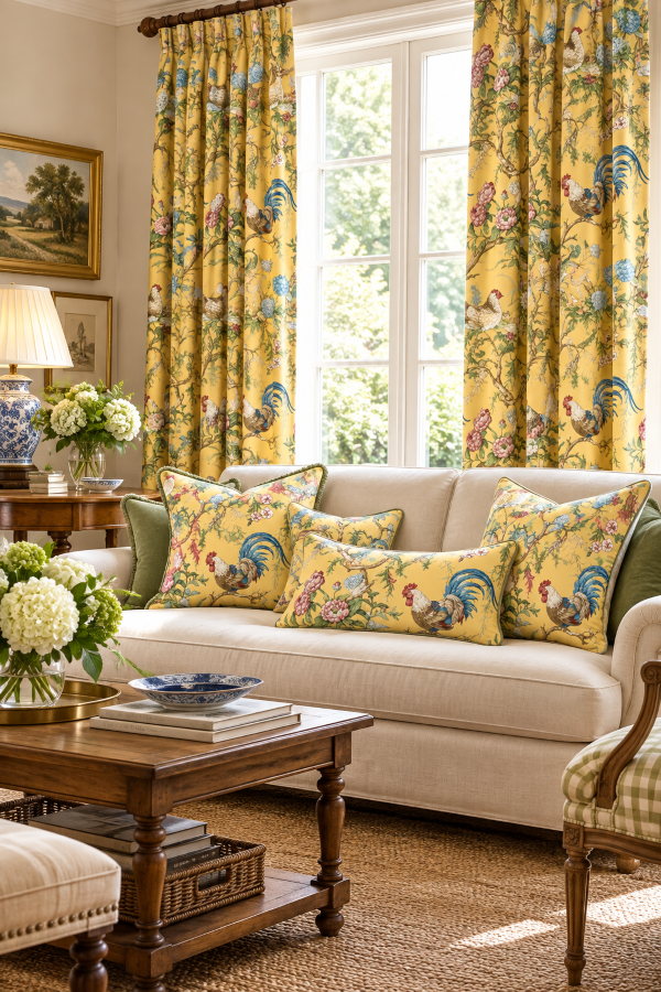 Elegant living room with Scalamandré-style yellow rooster and floral printed fabric used on full-length drapery and coordinating decorative pillows.