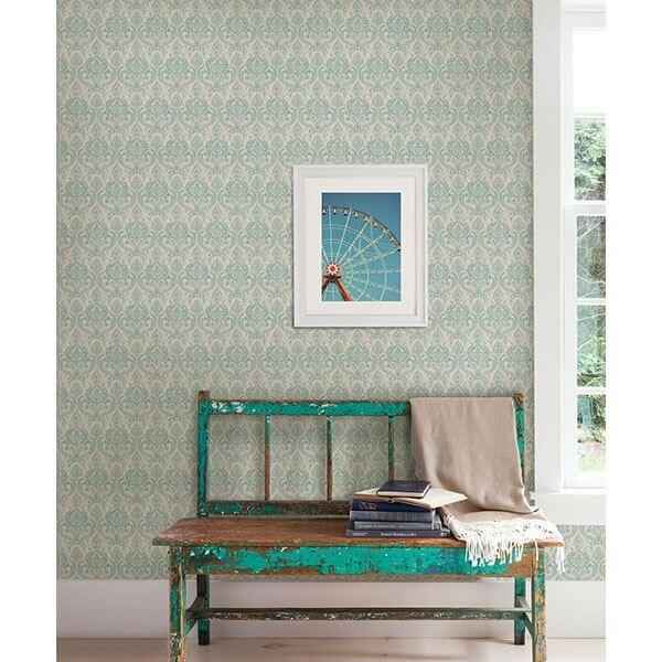 Waverly Turquoise Petite Damask Wallpaper - York Wallcoverings - 1014-001819 - York Wallcoverings Wallpaper