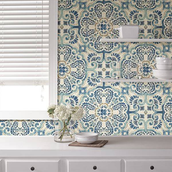 blue-florentine-tile-peel-and-stick-wallpaper-york-wallcoverings-nus2235 - York Wallcoverings Wallpaper