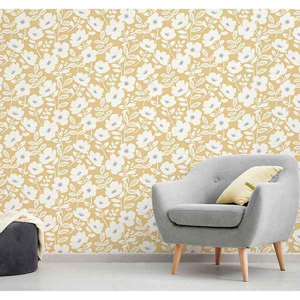 Bergman Mustard Scandi Flower Wallpaper - York Wallcoverings - UW24774 - York Wallcoverings Wallpaper
