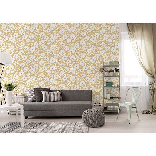 bergman-mustard-scandi-flower-wallpaper-york-wallcoverings-uw24774 - York Wallcoverings Papel pintado