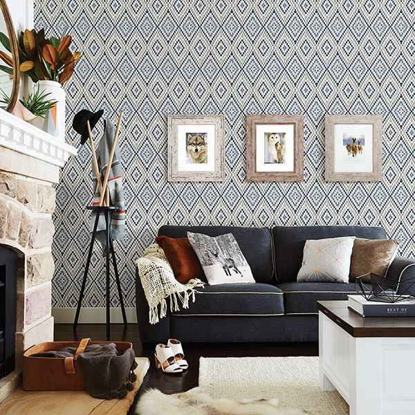 Ganado Navy Geometric Ikat Wallpaper - York Wallcoverings - 3118-12713 - York Wallcoverings Wallpaper