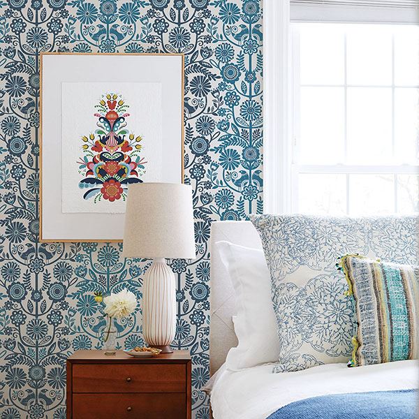 lovebirds-navy-folk-stripe-wallpaper-york-wallcoverings-2821-25106 - York Wallcoverings Wallpaper