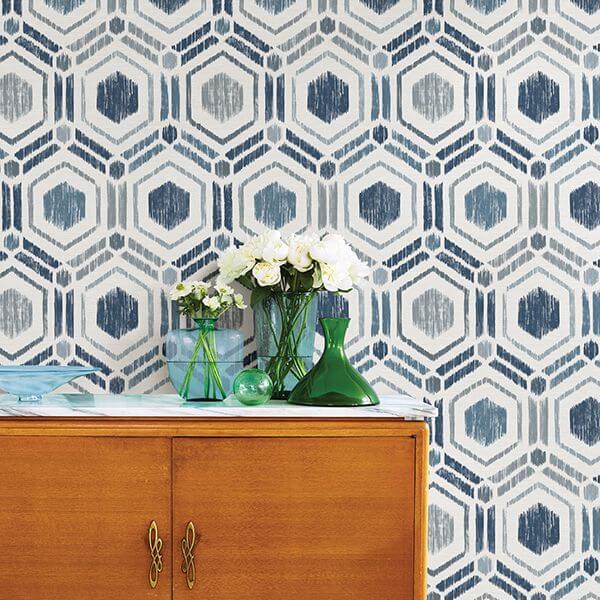 borneo-blue-geometric-grasscloth-wallpaper-york-wallcoverings-2901-25433 - York Wallcoverings Wallpaper