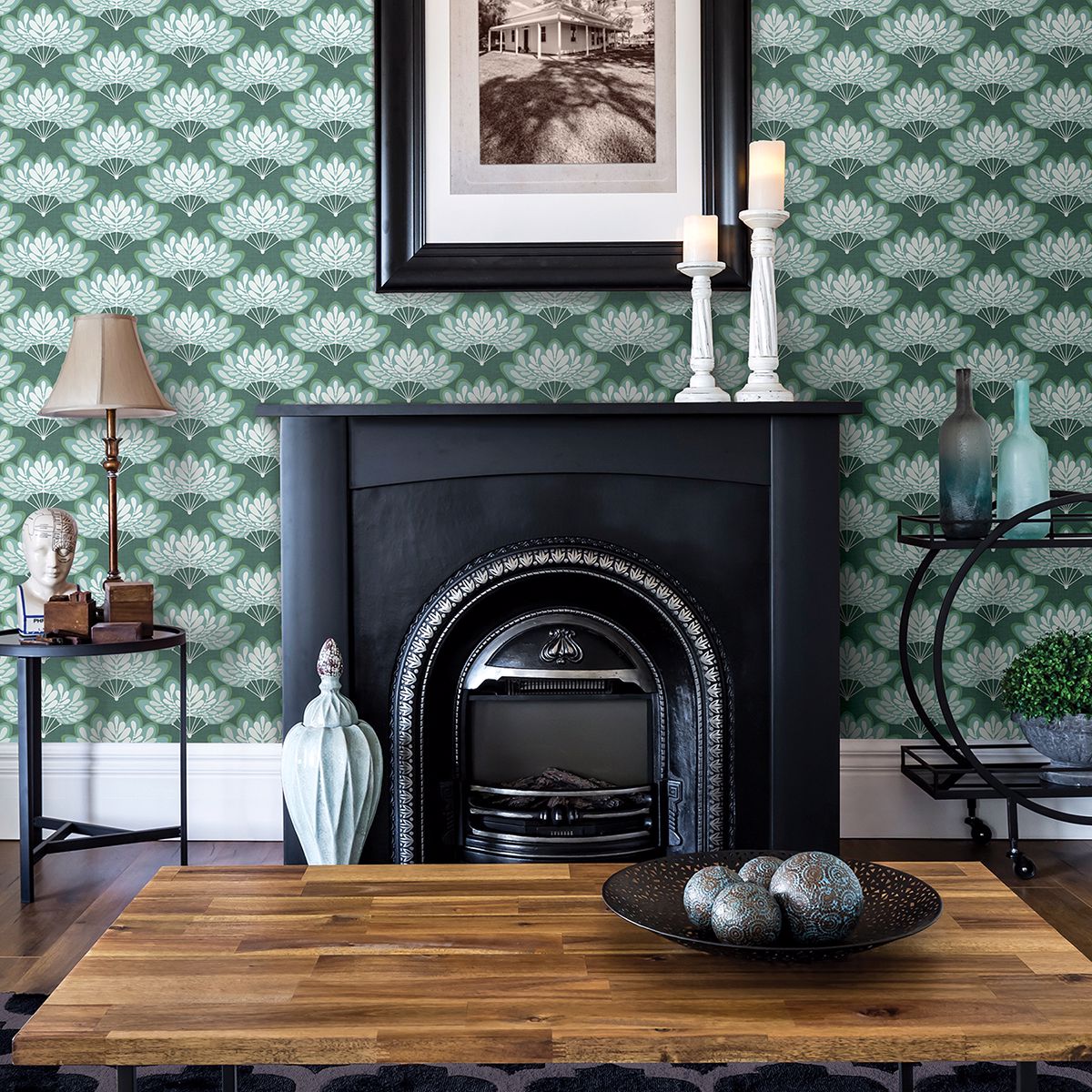 lotus-green-floral-fans-wallpaper-york-wallcoverings-2861-25753 - York Wallcoverings Wallpaper