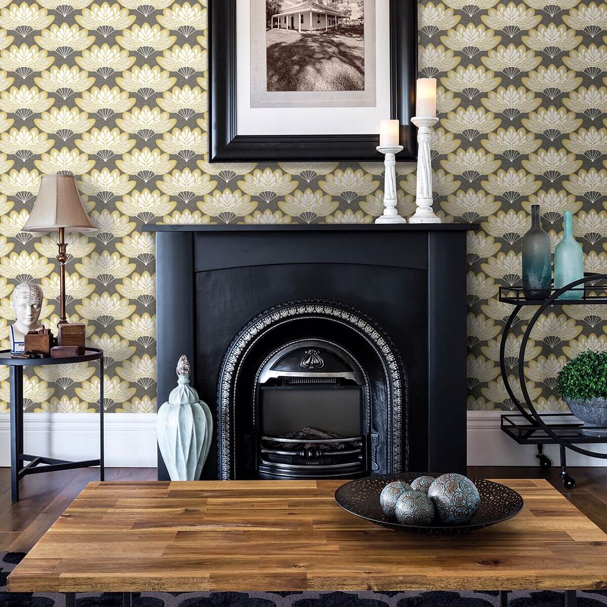 lotus-mustard-floral-fans-wallpaper-york-wallcoverings-2861-25754 - York Wallpaper Wallpaper