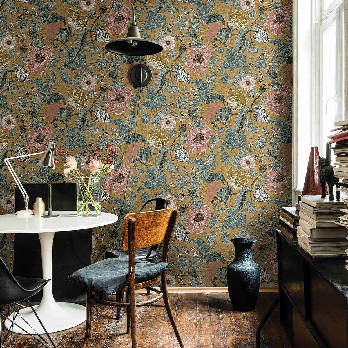 anemone-mustard-floral-wallpaper-york-wallcoverings-2948-33002 - York Wallcoverings Wallpaper