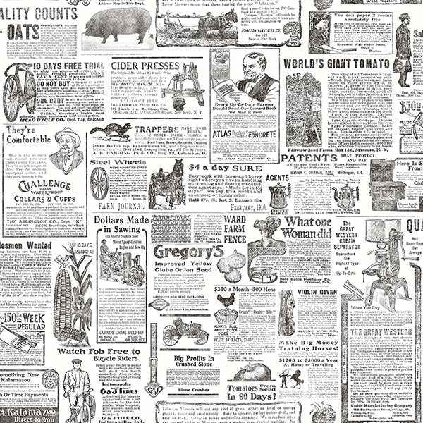 Underwood Black Newspaper Wallpaper - York Wallcoverings - 2904-13081