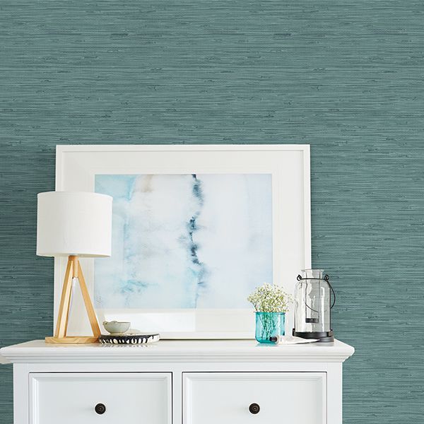 fiber-teal-faux-grasscloth-wallpaper-york-wallcoverings-2904-24415 - York Wallcoverings Wallpaper