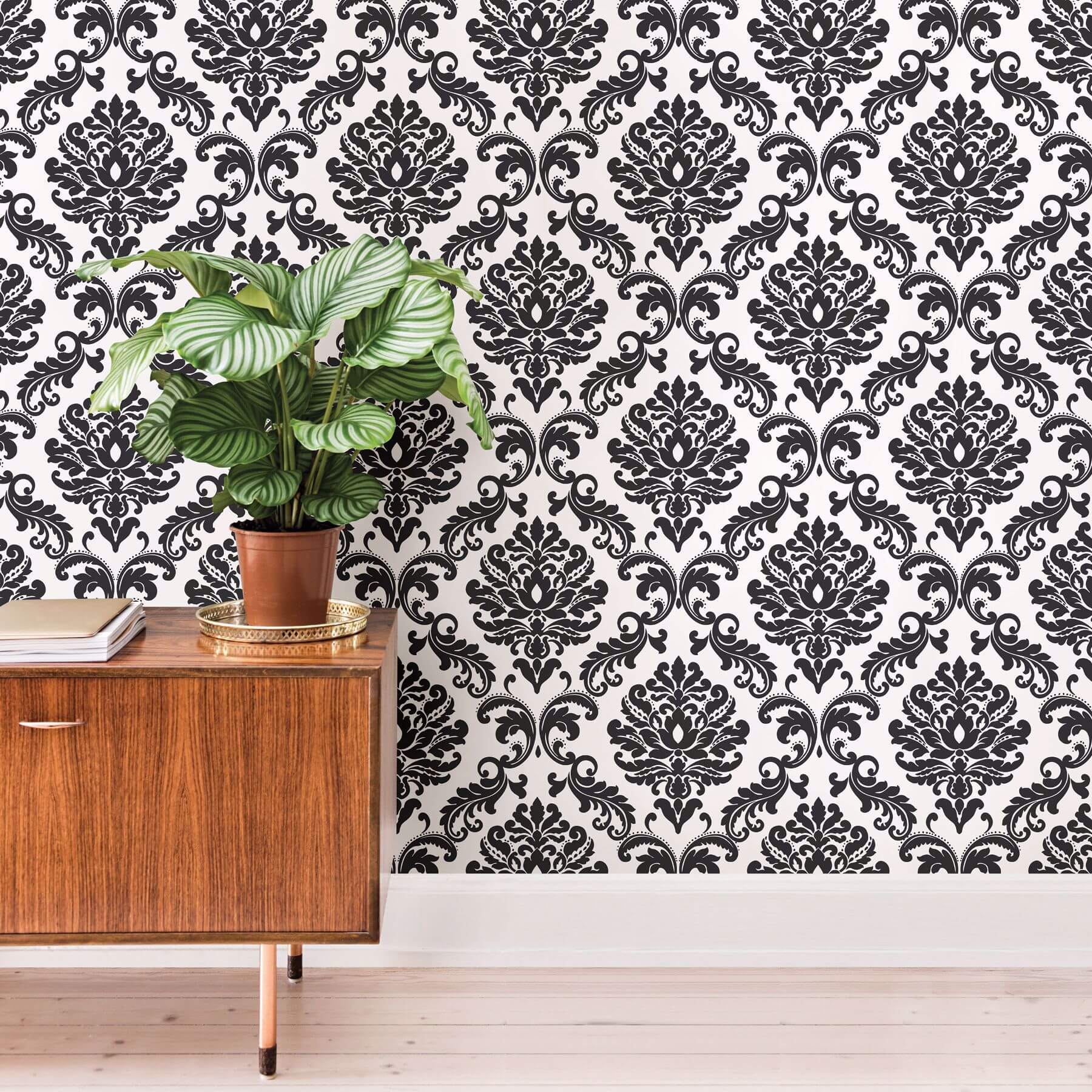 ariel-black-and-white-damask-peel-and-stick-wallpaper-york-wallcoverings-nus1646 - York Wallcoverings Wallpaper