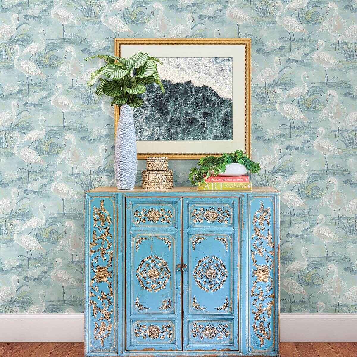everglades-aqua-flamingos-wallpaper-york-wallcoverings-3120-13604 - York Wallcoverings Wallpaper