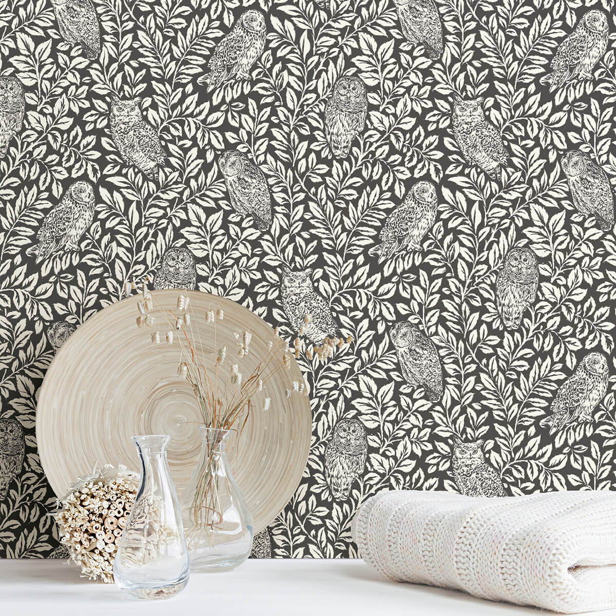 charcoal-sleepy-owls-peel-and-stick-wallpaper-york-wallcoverings-nus3625 - York Wallcoverings Wallpaper