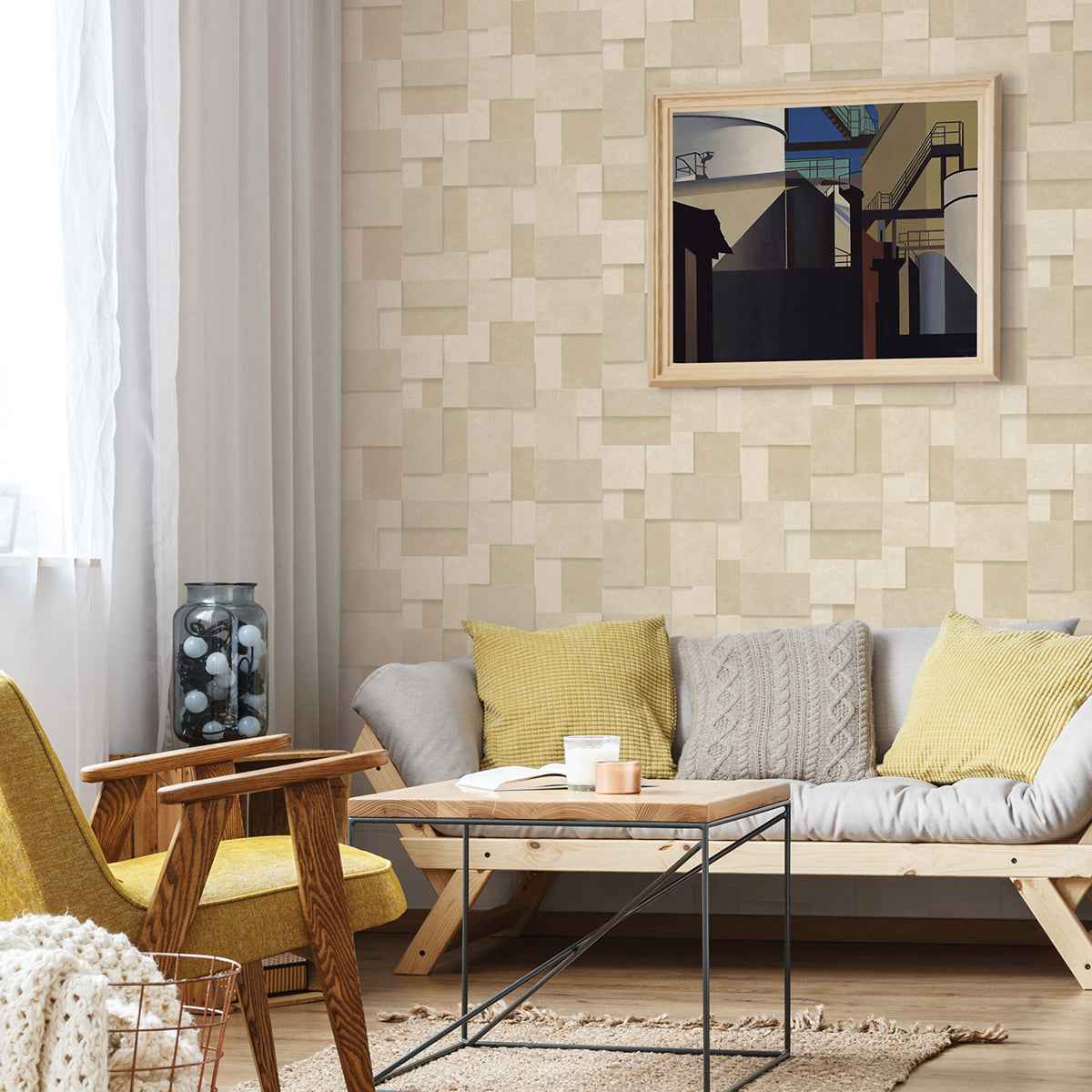 Duchamp Wheat Patchwork Metallic Wallpaper - York Wallcoverings - 2896-25355