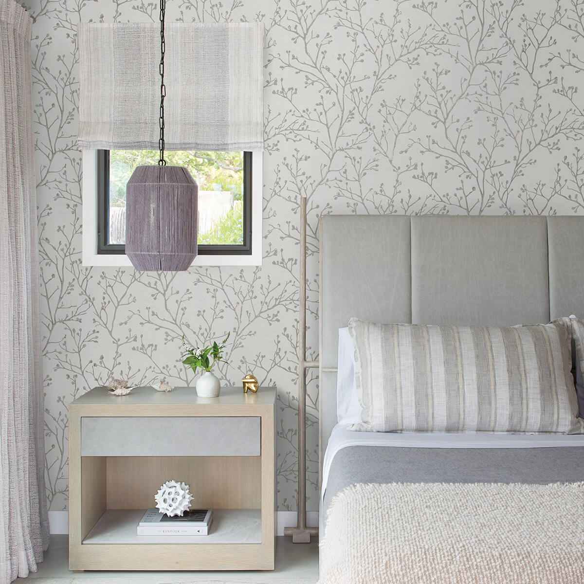 Koura Silver Budding Branches Wallpaper - York Wallcoverings - 4019-86453 - York Wallcoverings Wallpaper