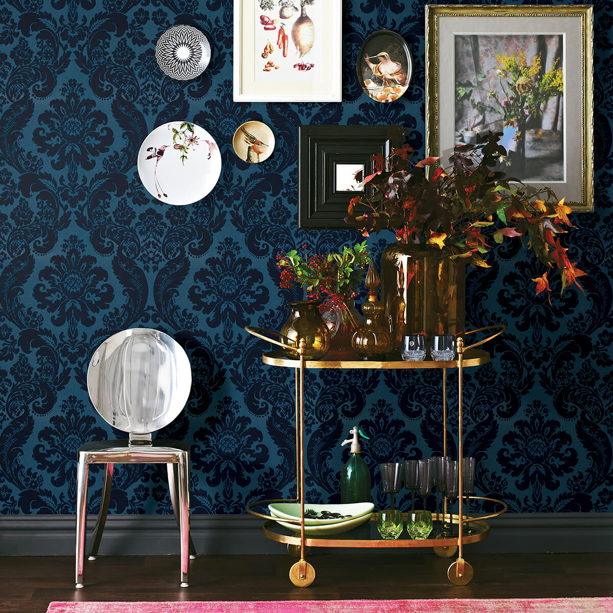 shadow-blue-flocked-damask-wallpaper-york-wallcoverings-2763-87310 - York Wallcoverings Papel pintado