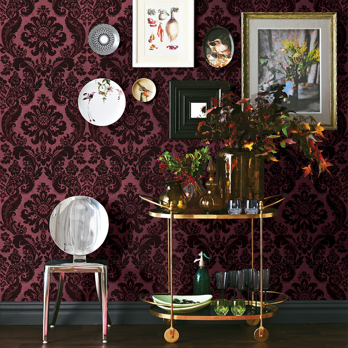 shadow-merlot-flocked-damask-wallpaper-york-wallcoverings-2763-87315 - York Wallcoverings Papel pintado