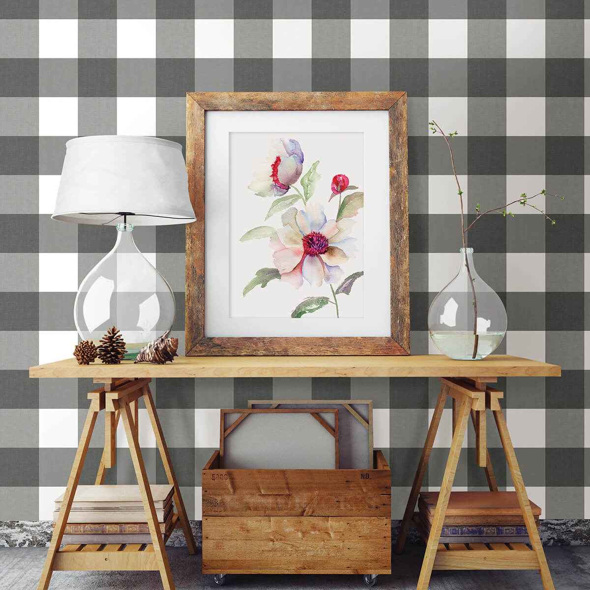 Amos Charcoal Gingham Wallpaper - York Wallcoverings - 3123-12532 - York Wallcoverings Wallpaper