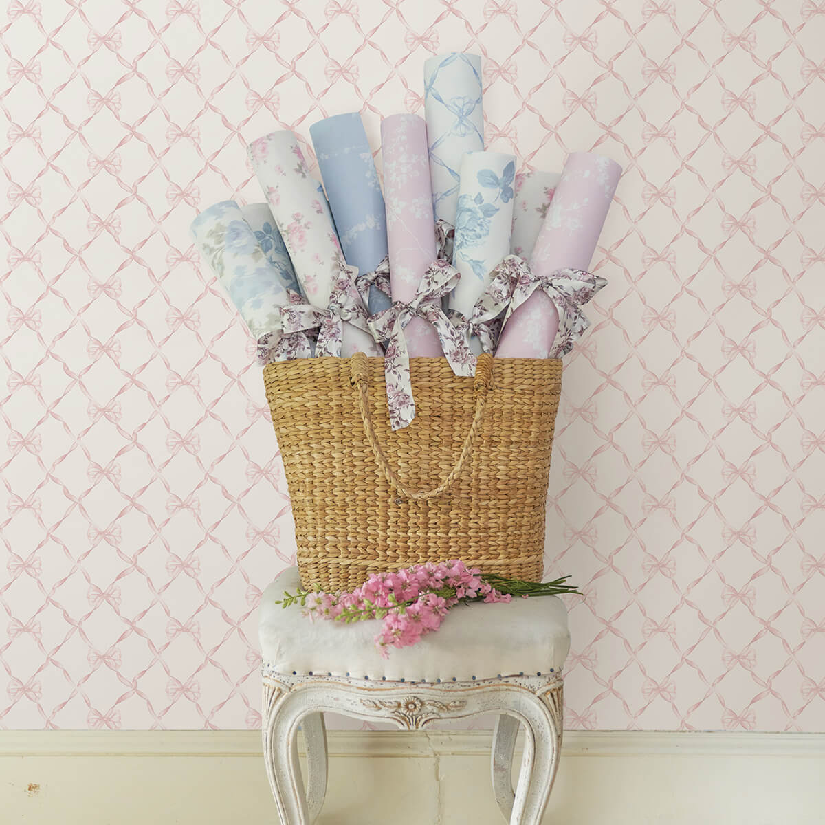 baby-bow-faded-primrose-ribbon-trellis-wallpaper-york-wallcoverings-ast4114 - York Wallpaper Wallpaper