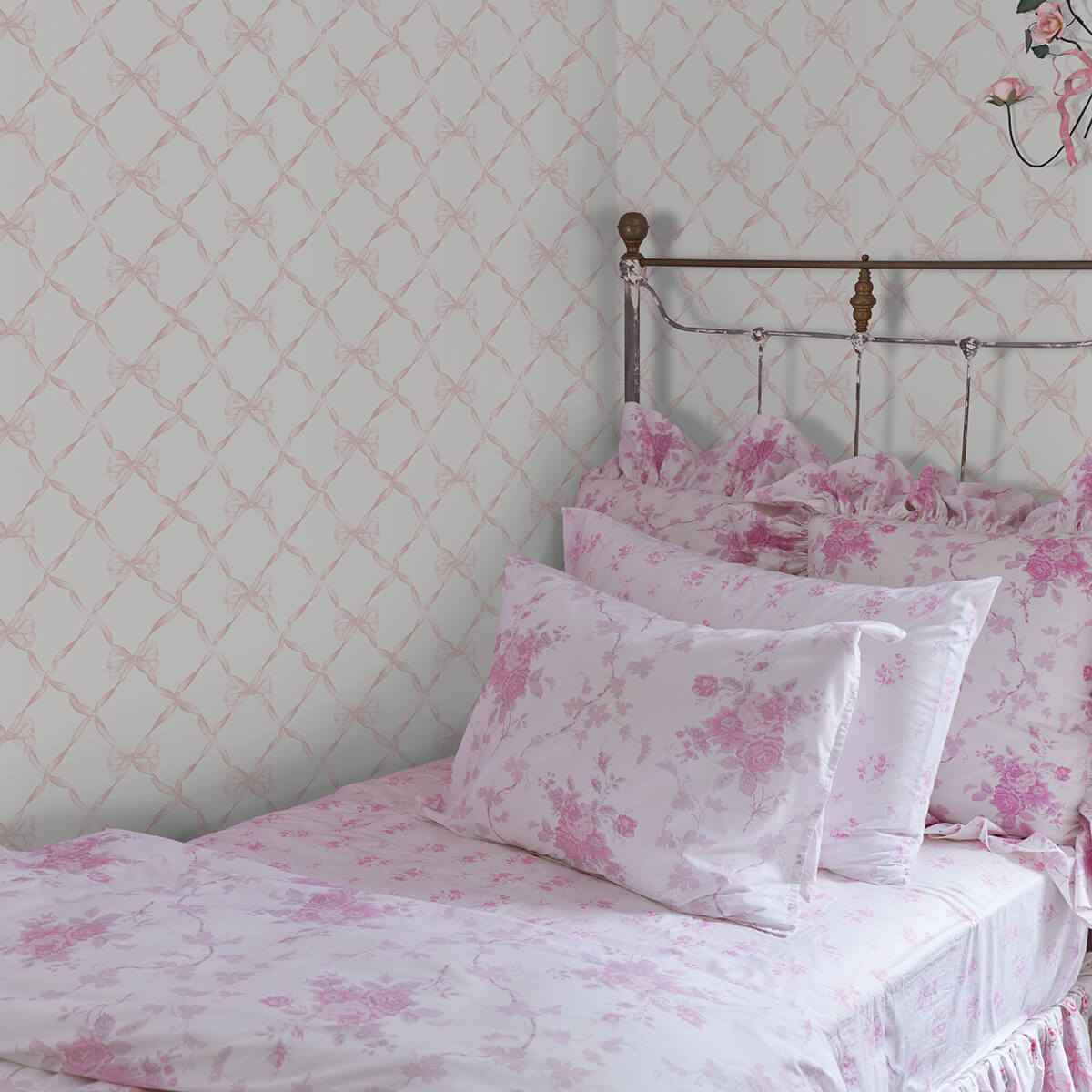 Baby Bow Faded Primrose Ribbon Trellis Wallpaper - York Wallcoverings - AST4114 - York Wallcoverings Wallpaper