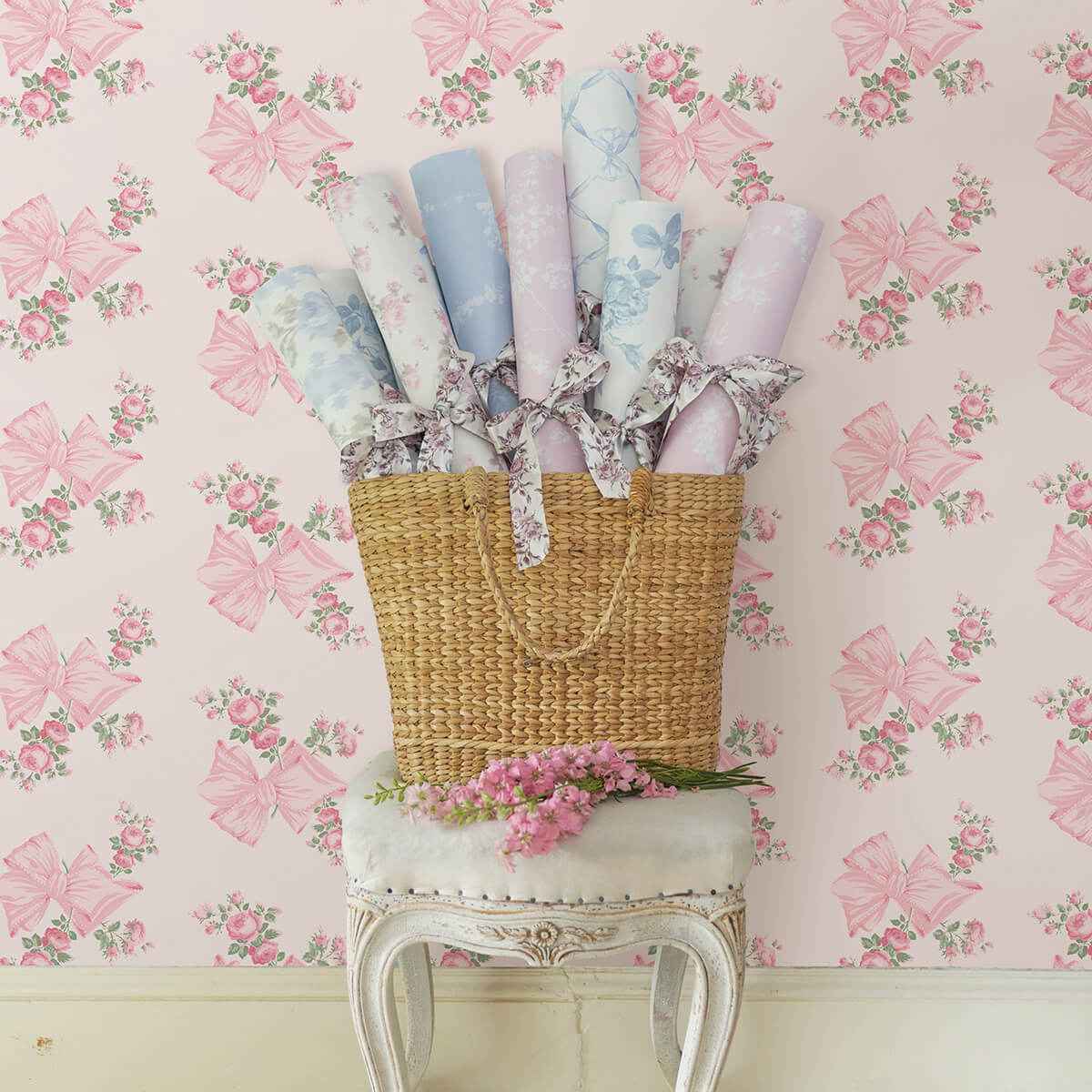 Rosa Beaux Pink Mint Large Bow Spot Wallpaper - York Wallcoverings - AST4169 - York Wallcoverings Wallpaper