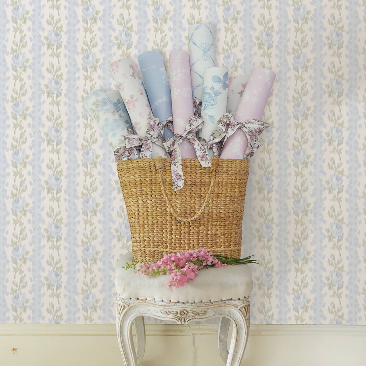 blooming-heirloom-blue-romance-rose-stripe-wallpaper-york-wallcoverings-ast4171 - York Wallcoverings Wallpaper