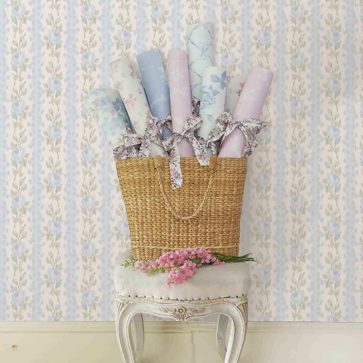 Blooming Heirloom Blue Romance Rose Stripe Wallpaper - York Wallcoverings - AST4171 - York Wallcoverings Wallpaper