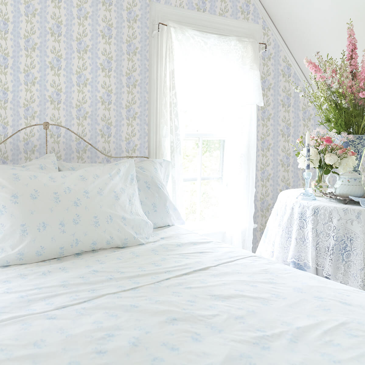 blooming-heirloom-blue-romance-rose-stripe-wallpaper-york-wallcoverings-ast4171 - York Wallcoverings Wallpaper