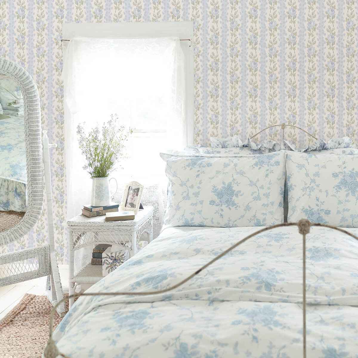 Blooming Heirloom Blue Romance Rose Stripe Wallpaper - York Wallcoverings - AST4171 - York Wallcoverings Wallpaper