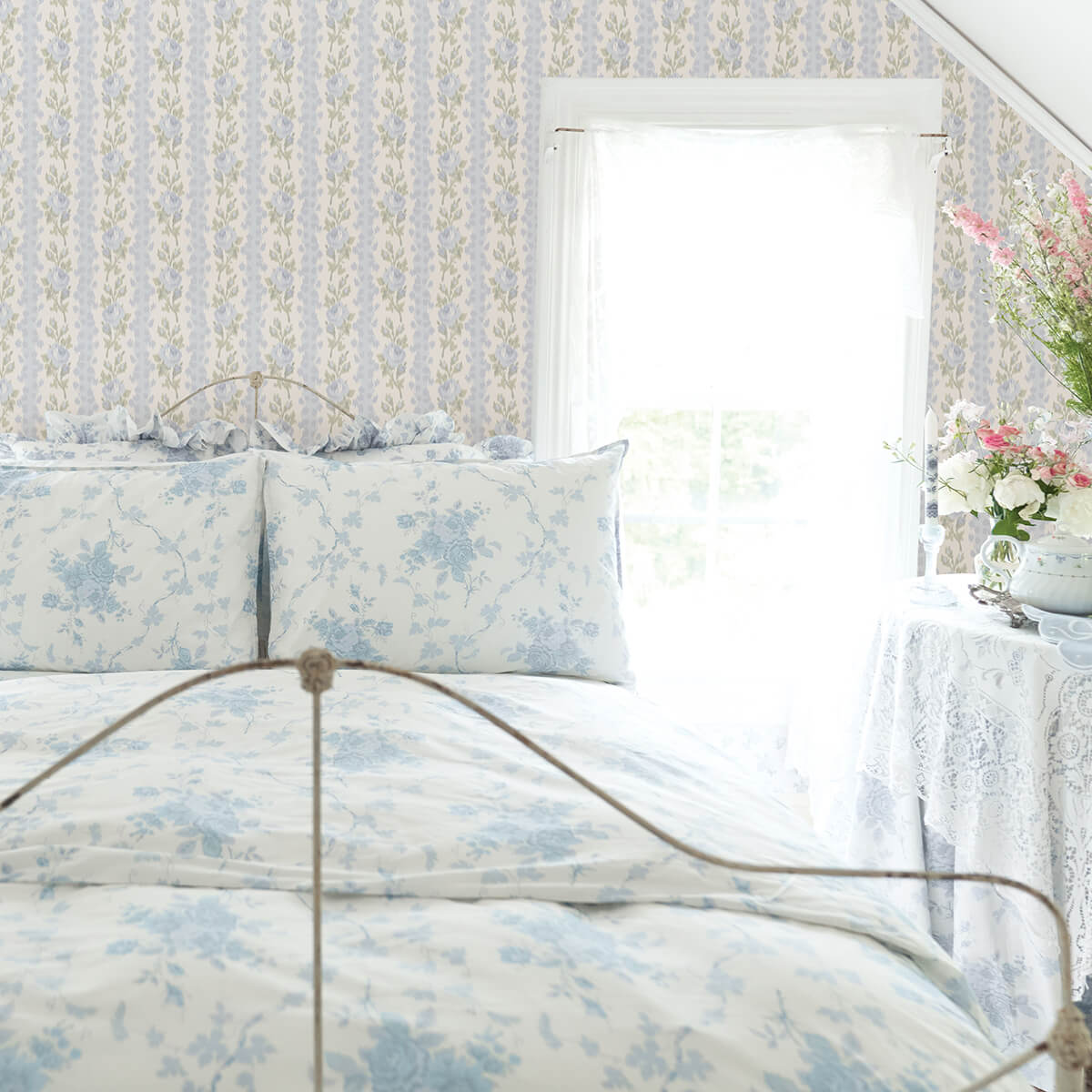 blooming-heirloom-blue-romance-rose-stripe-wallpaper-york-wallcoverings-ast4171 - York Wallcoverings Wallpaper