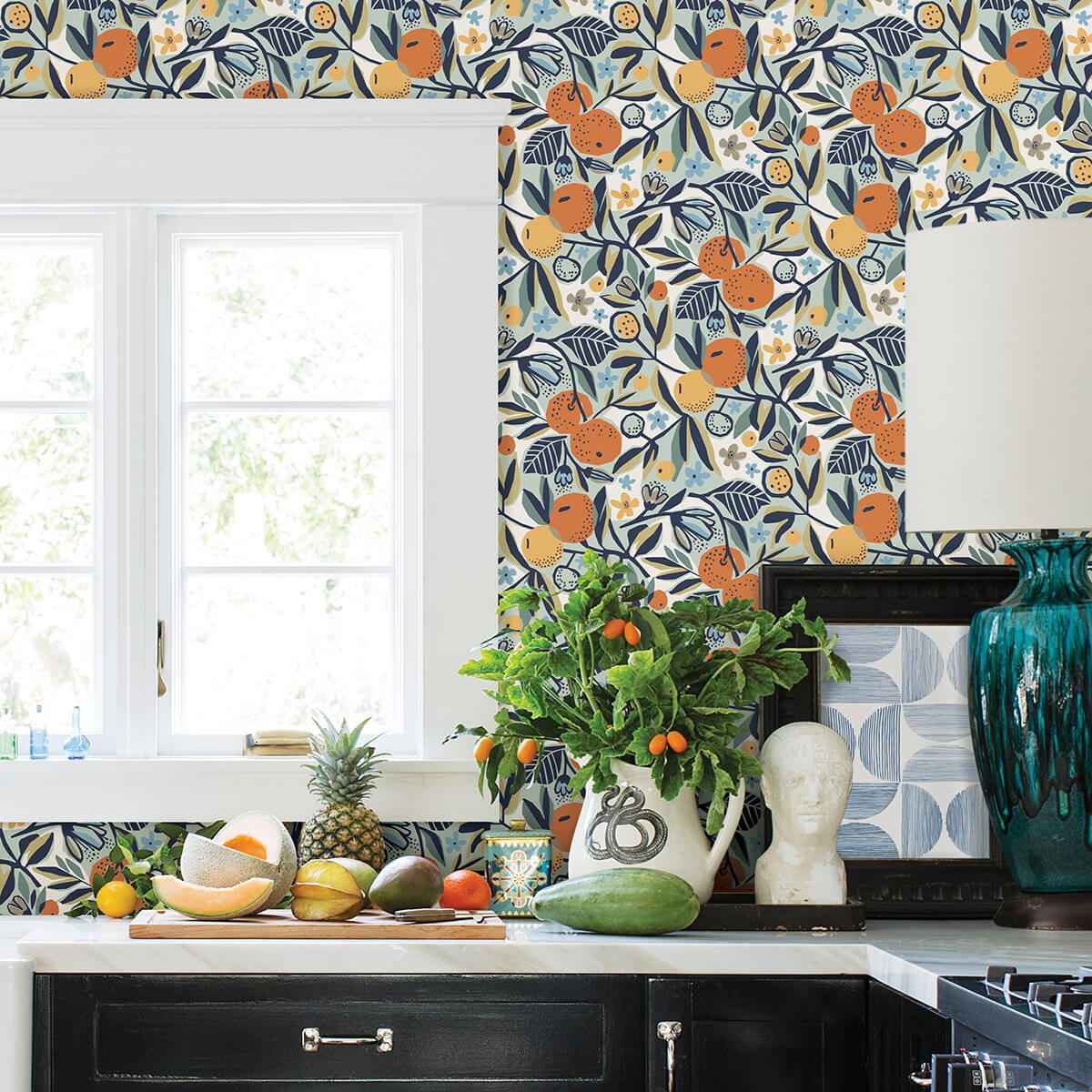 Navy Clementine Garden Peel and Stick Wallpaper - York Wallcoverings - PLS4199 - York Wallcoverings Wallpaper