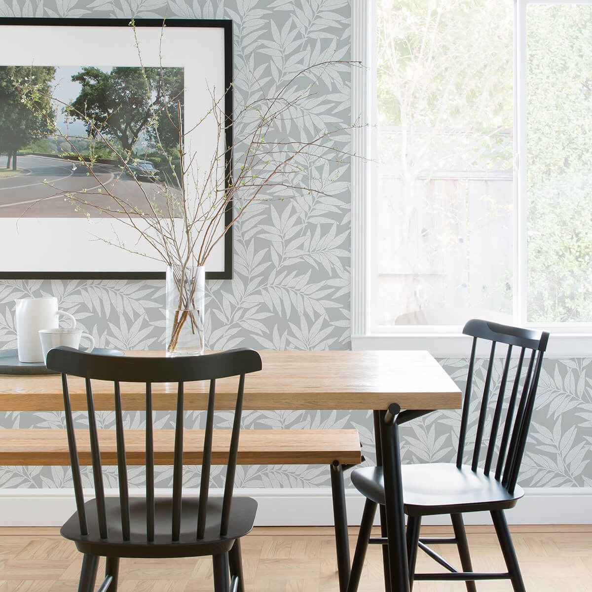 morris-light-grey-leaf-wallpaper-york-wallcoverings-2970-26124 - York Wallcoverings Wallpaper