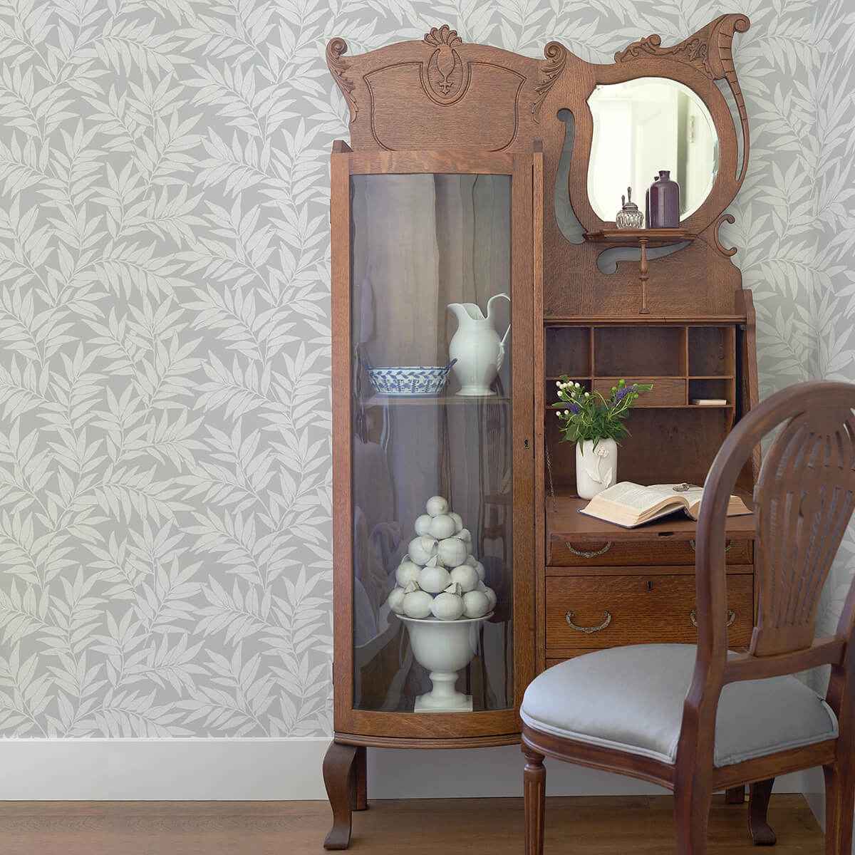 morris-light-grey-leaf-wallpaper-york-wallcoverings-2970-26124 - York Wallcoverings Wallpaper