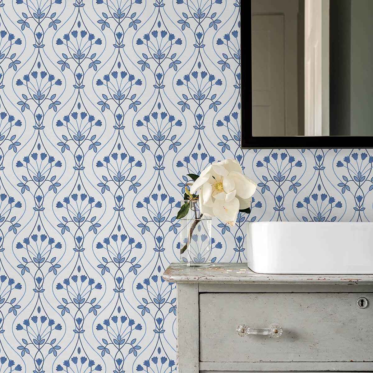 dard-blue-tulip-ogee-wallpaper-york-wallcoverings-2970-26148 - York Wallcoverings Wallpaper
