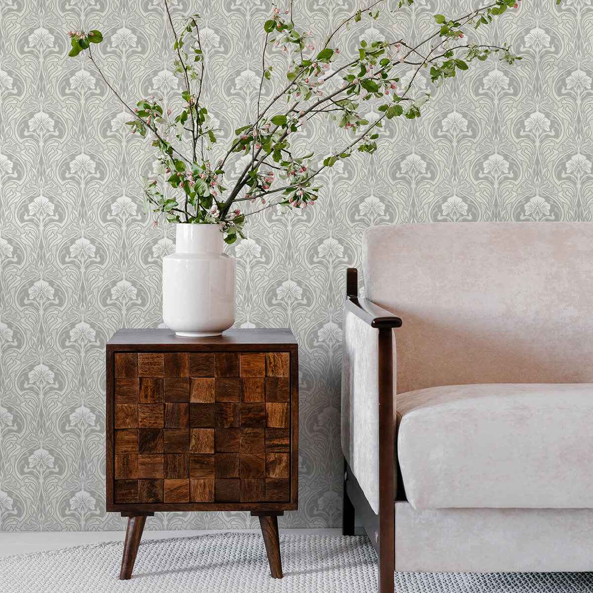mucha-off-white-botanical-ogee-wallpaper-york-wallcoverings-2970-26149 - York Wallcoverings Wallpaper