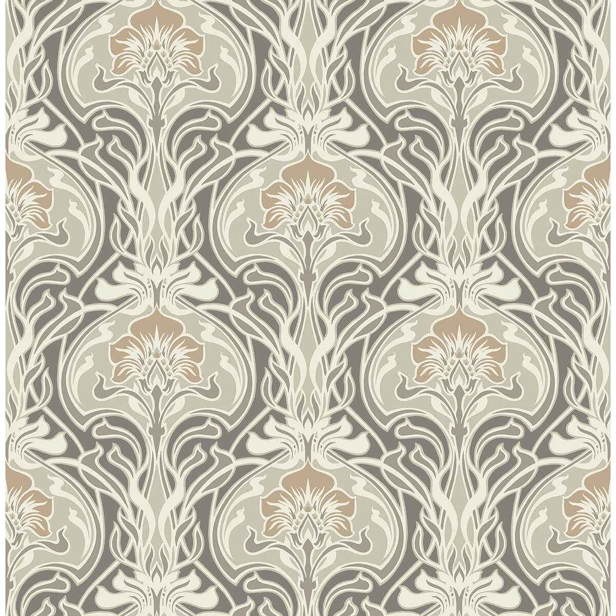 mucha-dark-grey-botanical-ogee-wallpaper-york-wallcoverings-2970-26150 - York Wallcoverings Wallpaper