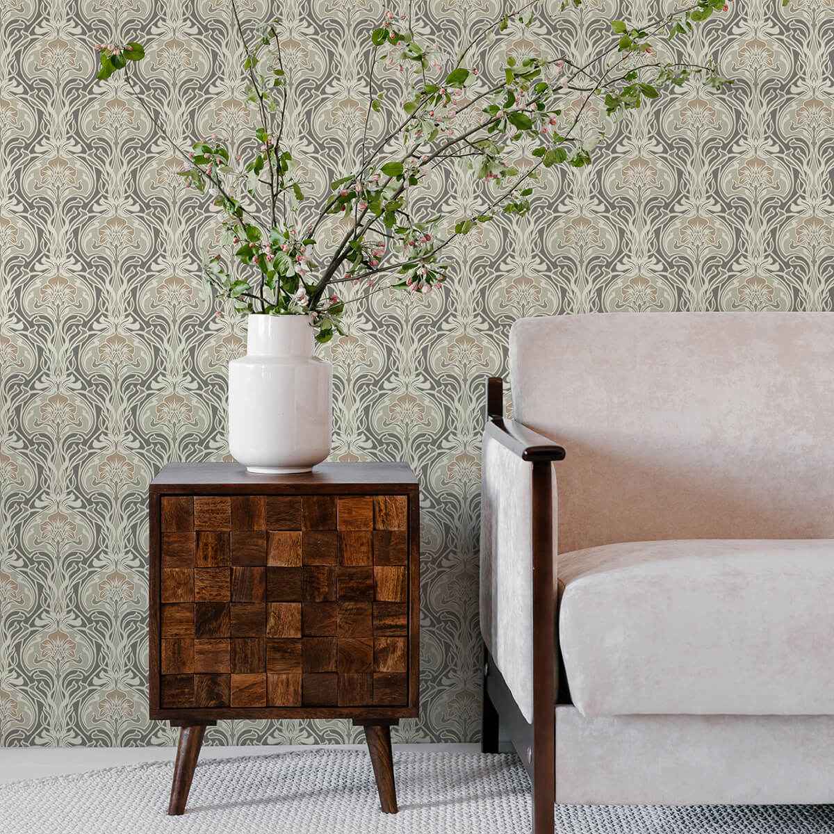 Mucha Dark Grey Botanical Ogee Wallpaper - York Wallcoverings - 2970-26150 - York Wallcoverings Wallpaper