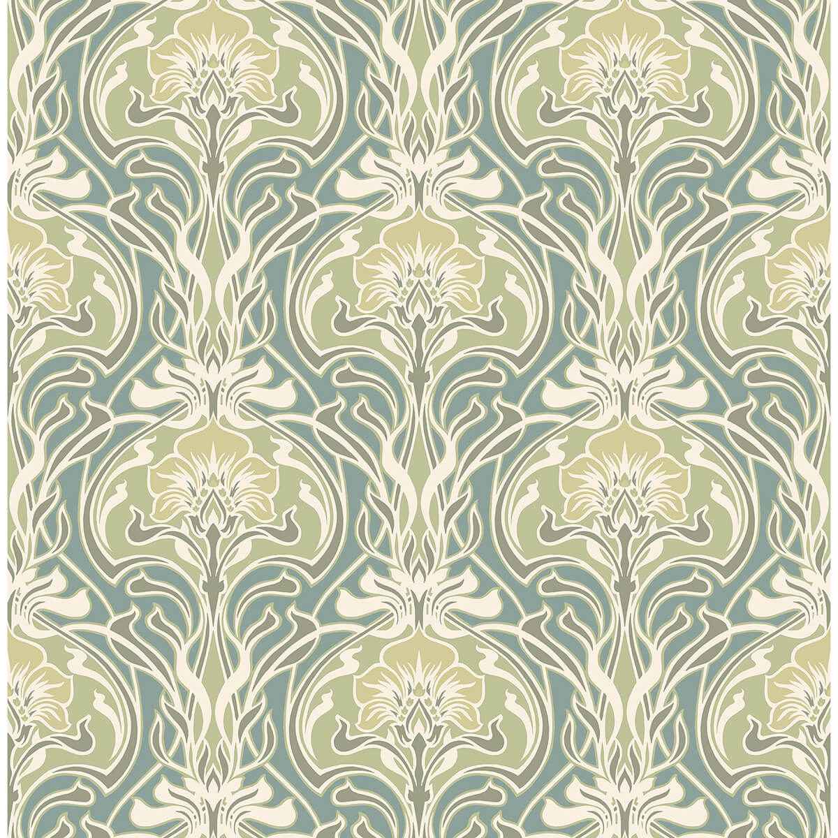 Mucha Teal Botanical Ogee Wallpaper - York Wallcoverings - 2970-26151 - York Wallcoverings Wallpaper