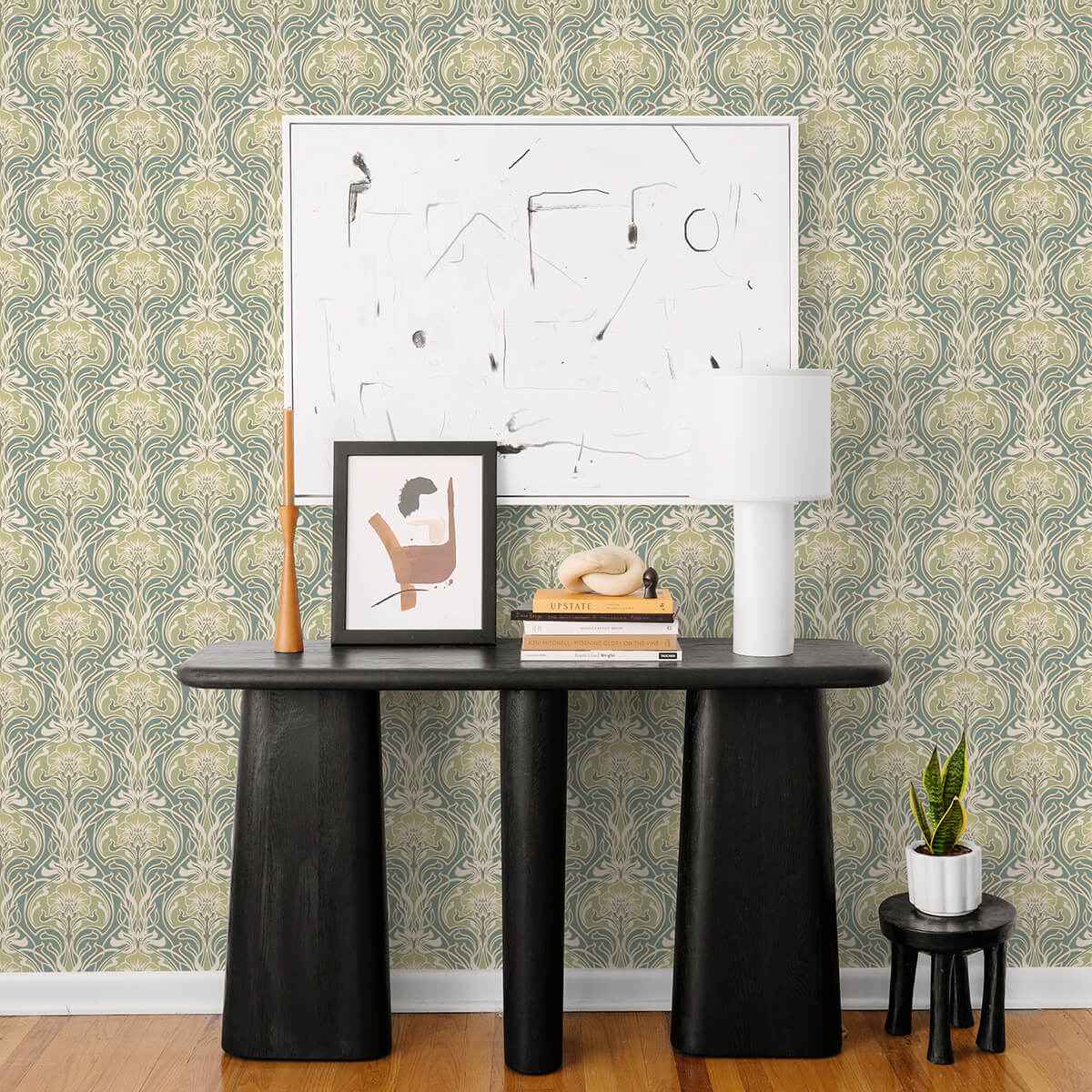 mucha-teal-botanical-ogee-wallpaper-york-wallcoverings-2970-26151 - York Wallcoverings Wallpaper