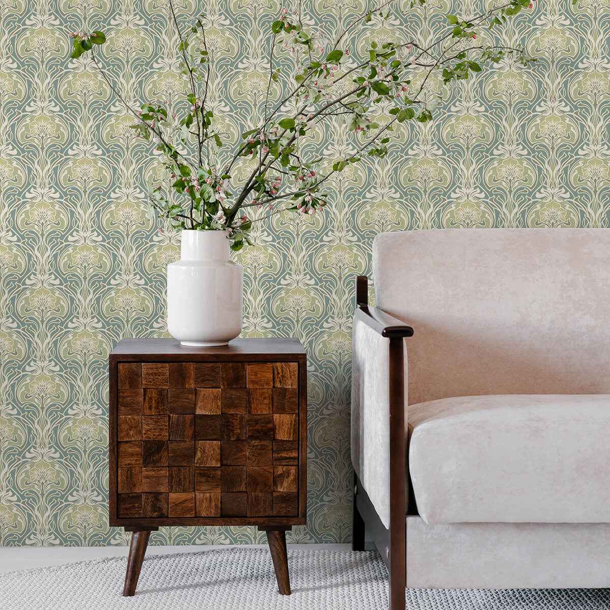 mucha-teal-botanical-ogee-wallpaper-york-wallcoverings-2970-26151 - York Wallcoverings Wallpaper