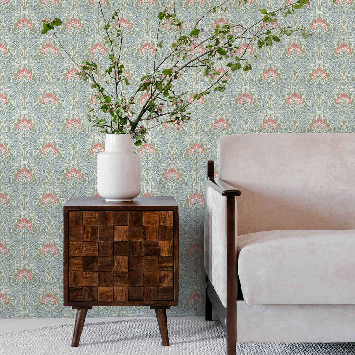 Mucha Light Blue Botanical Ogee Wallpaper - York Wallcoverings - 2970-26152 - York Wallcoverings Wallpaper