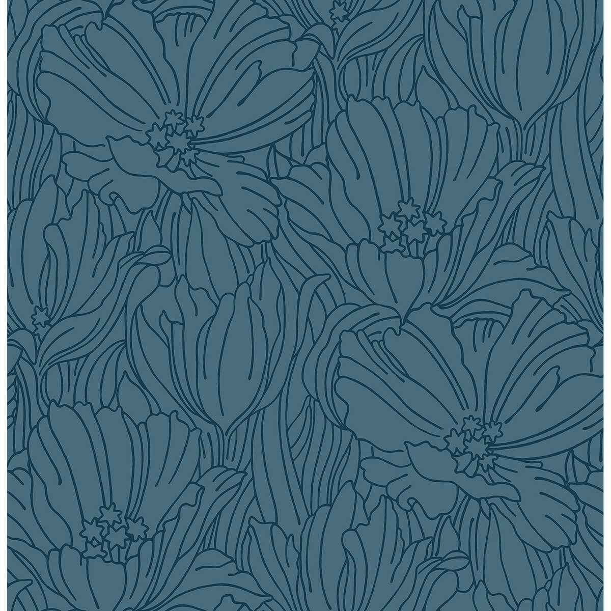 Selwyn Flock Dark Blue Floral Wallpaper - York Wallcoverings - 2970-87356 - York Wallcoverings Wallpaper