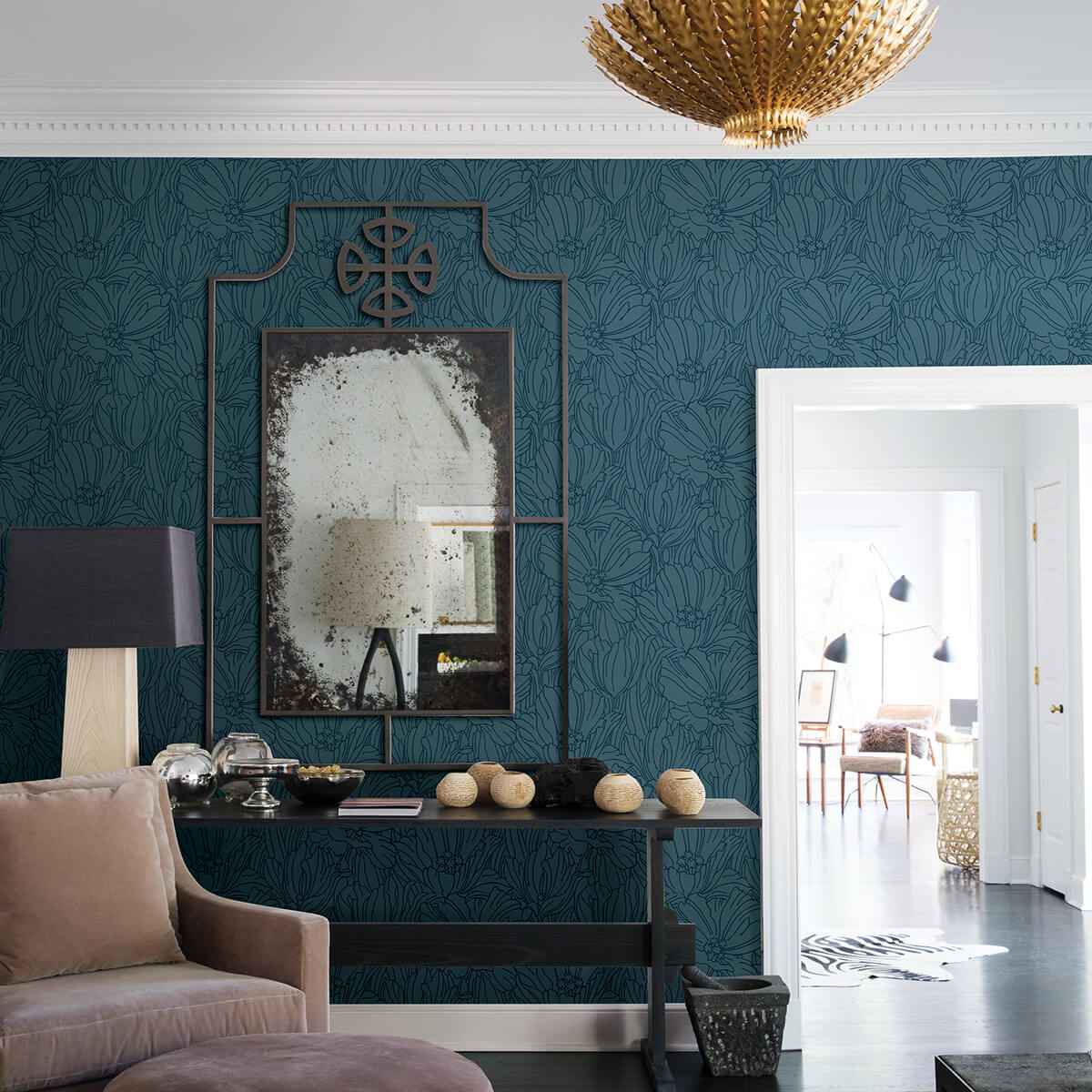 selwyn-flock-dark-blue-floral-wallpaper-york-wallcoverings-2970-87356 - York Wallcoverings Wallpaper