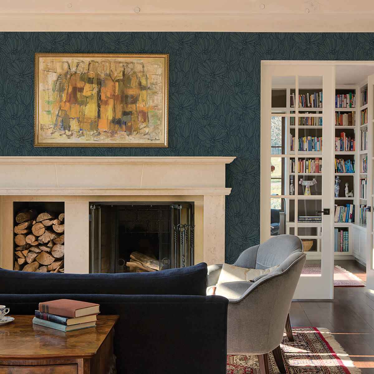 Selwyn Flock Dark Blue Floral Wallpaper - York Wallcoverings - 2970-87356 - York Wallcoverings Wallpaper