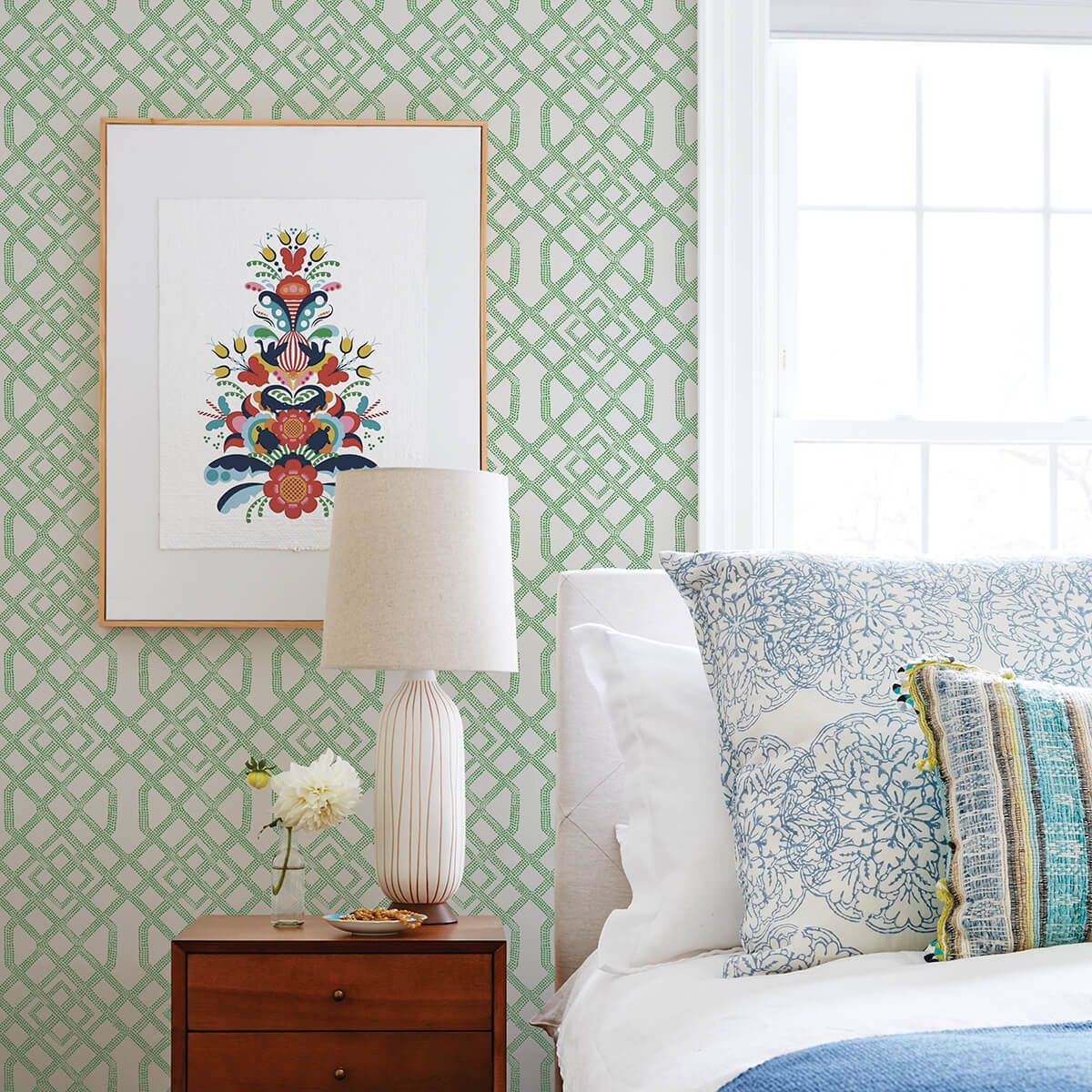 a-classic-trellis-print-with-modern-flair-this-green-and-white-geometric-peel-and-stick-wallpaper-is-york-wallcoverings-nus4382 - York Wallcoverings Wallpaper