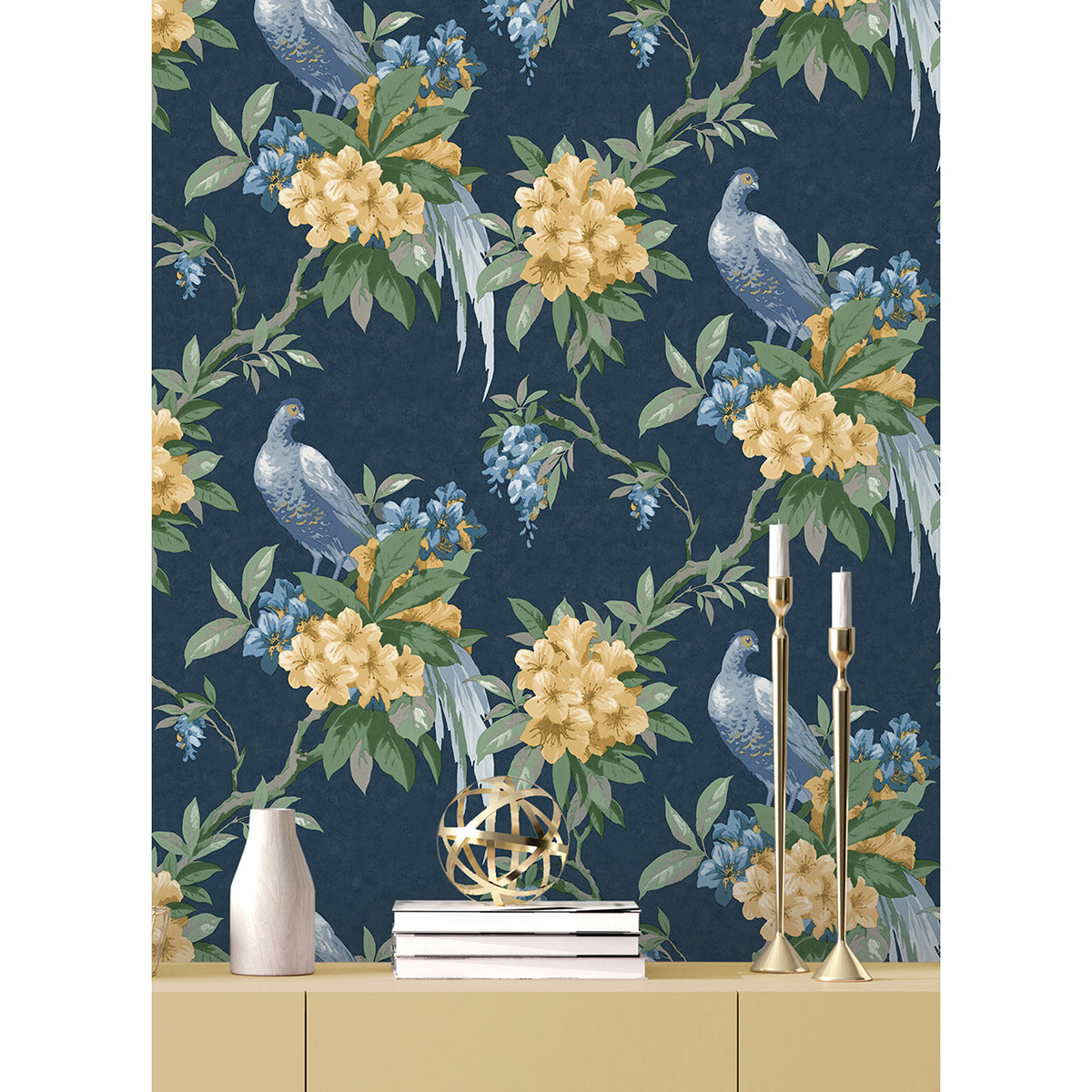 golden-pheasant-dark-blue-floral-wallpaper-york-wallcoverings-m1661 - York Wallcoverings Wallpaper