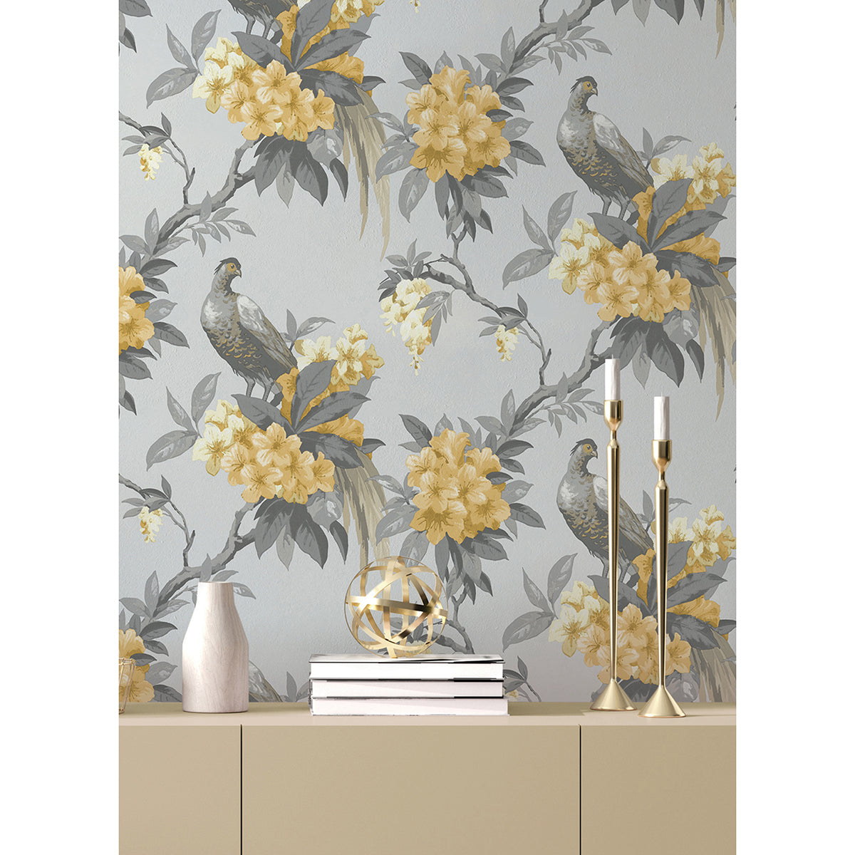 golden-pheasant-grey-floral-wallpaper-york-wallcoverings-m1662 - York Wallcoverings Papel pintado