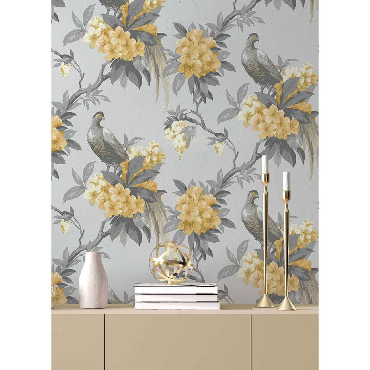 Golden Pheasant Grey Floral Wallpaper - York Wallcoverings - M1662 - York Wallcoverings Wallpaper