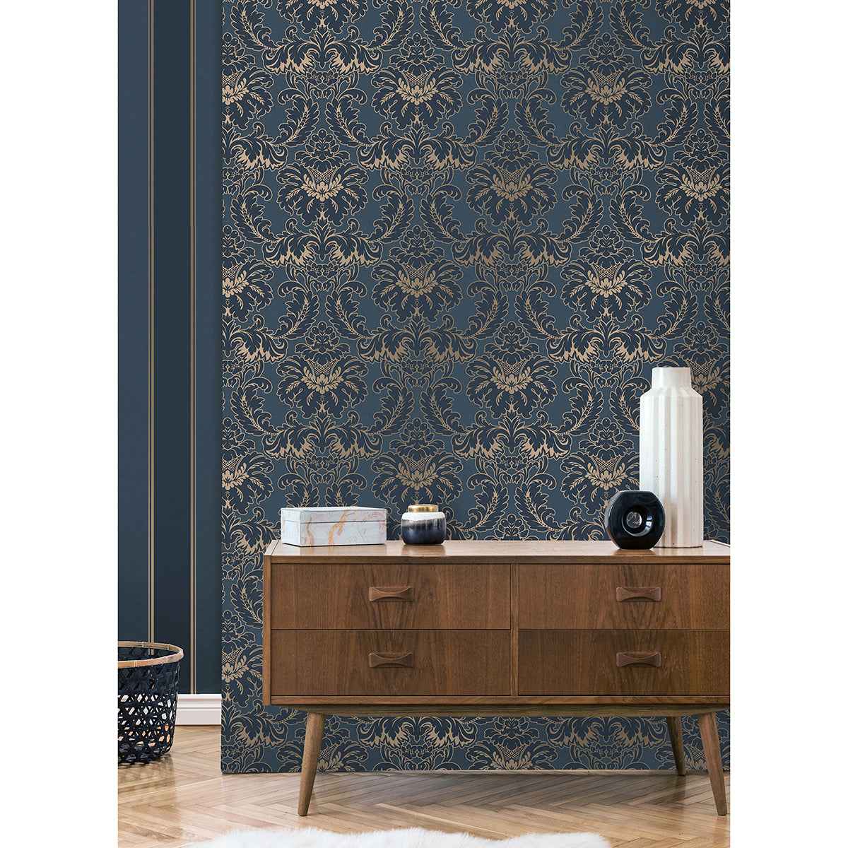 Windsor Blue Damask Wallpaper - York Wallcoverings - M1704 - York Wallcoverings Wallpaper